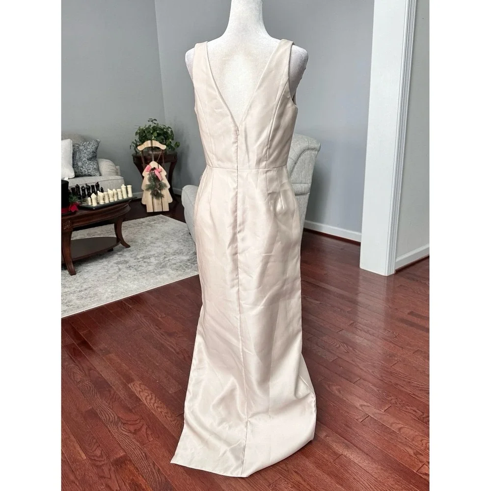 Alfred Sung Beige Champagne Satin Plunge Gown Dress with Pockets Size 8 - Picture 4 of 11